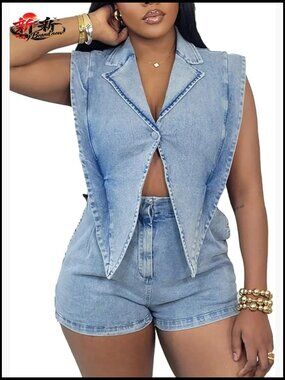 Sleeveless Denim Romper with Lapel Neck, Button Link, Hollowed Details